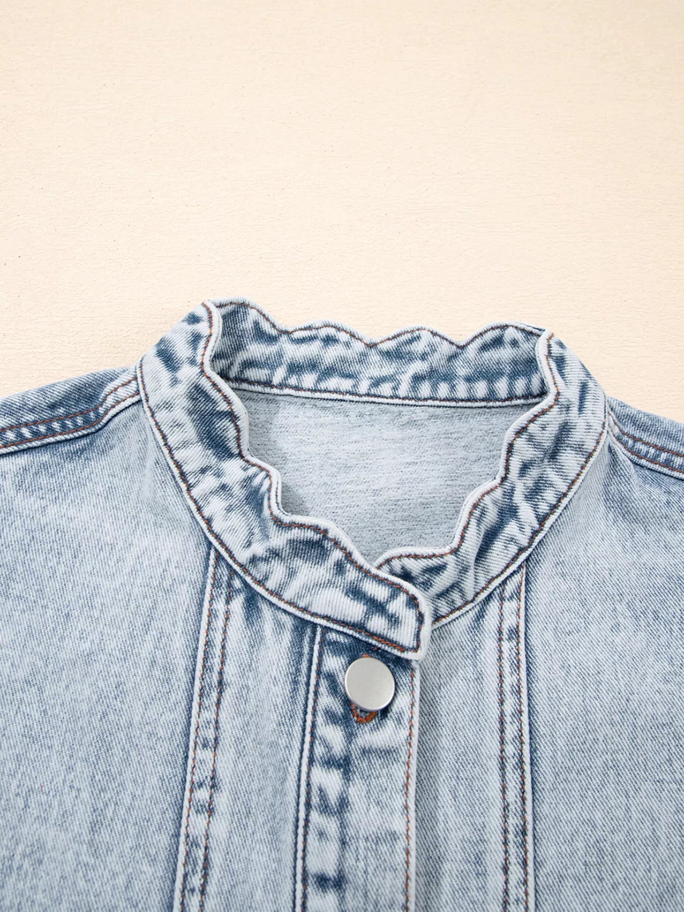 Scalloped Trim Patch Pocket Button Front Denim Vest.