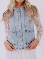 Scalloped Trim Patch Pocket Button Front Denim Vest.