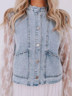 Scalloped Trim Patch Pocket Button Front Denim Vest.