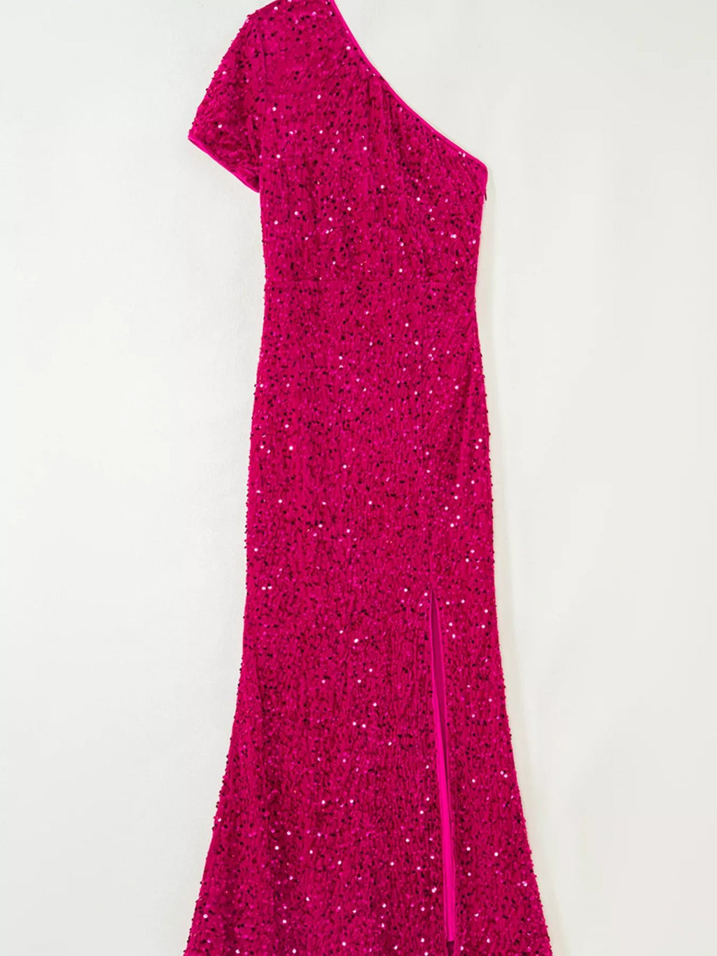 Sequin One-Shoulder Dress with High Slit.