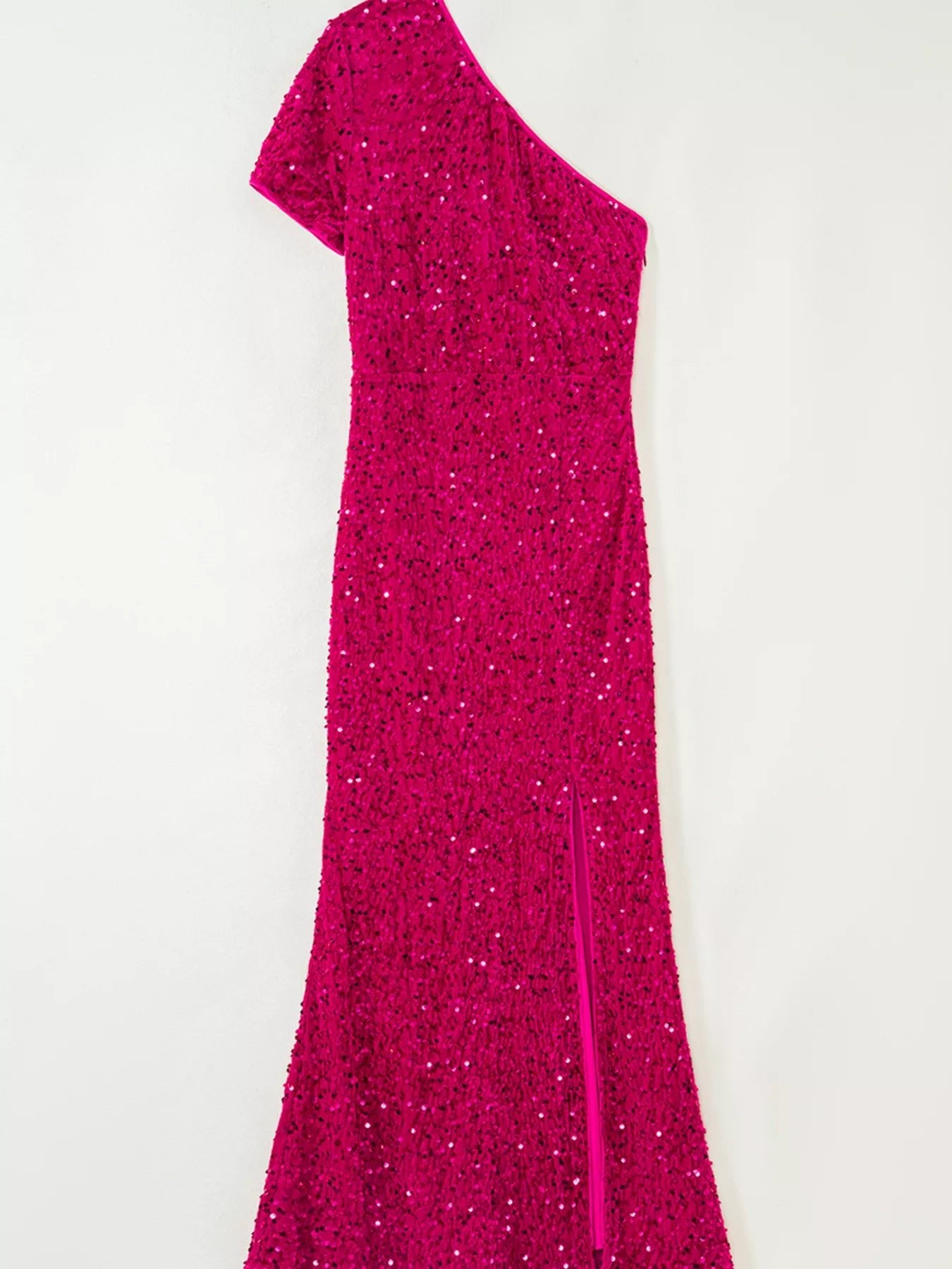 Sequin One-Shoulder Dress with High Slit.