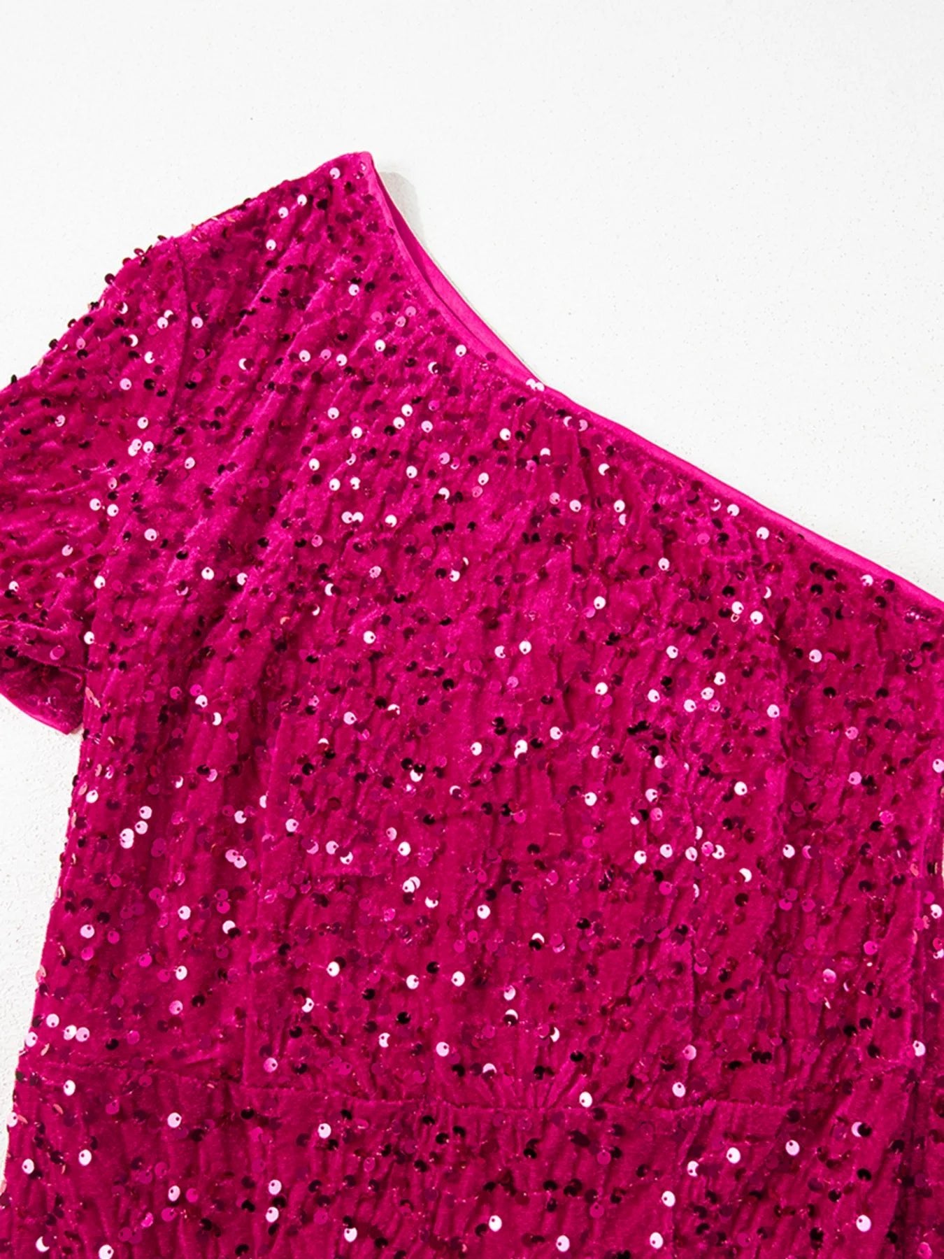 Sequin One-Shoulder Dress with High Slit.