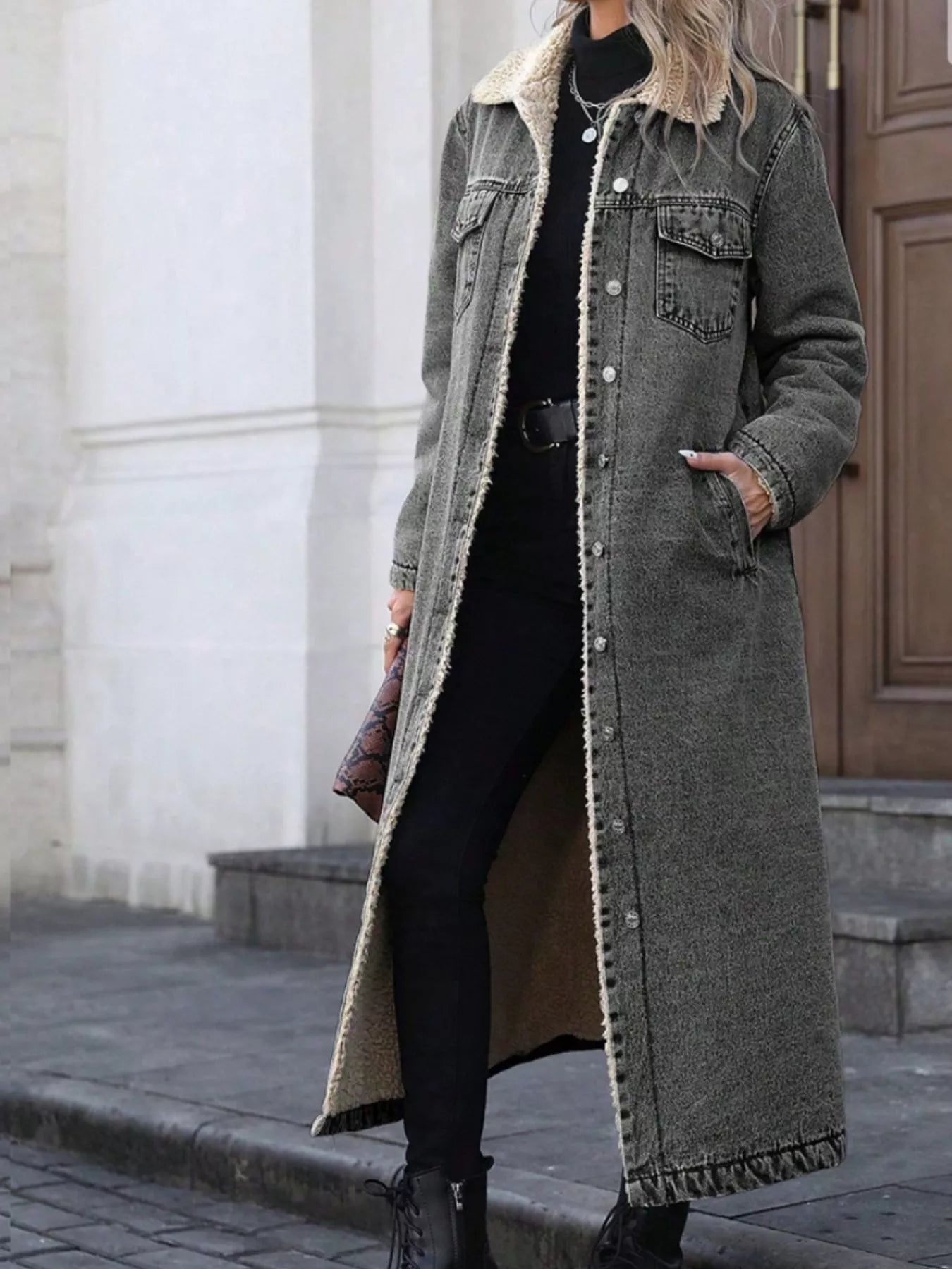 Sherpa Lined Longline Denim Jacket.