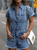 Short Sleeve Denim Romper with Front Pockets.