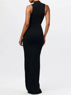 Sleeveless Mock Neck Knot Front Maxi Dress.