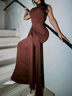 Sleeveless Mock Neck Knot Front Maxi Dress.
