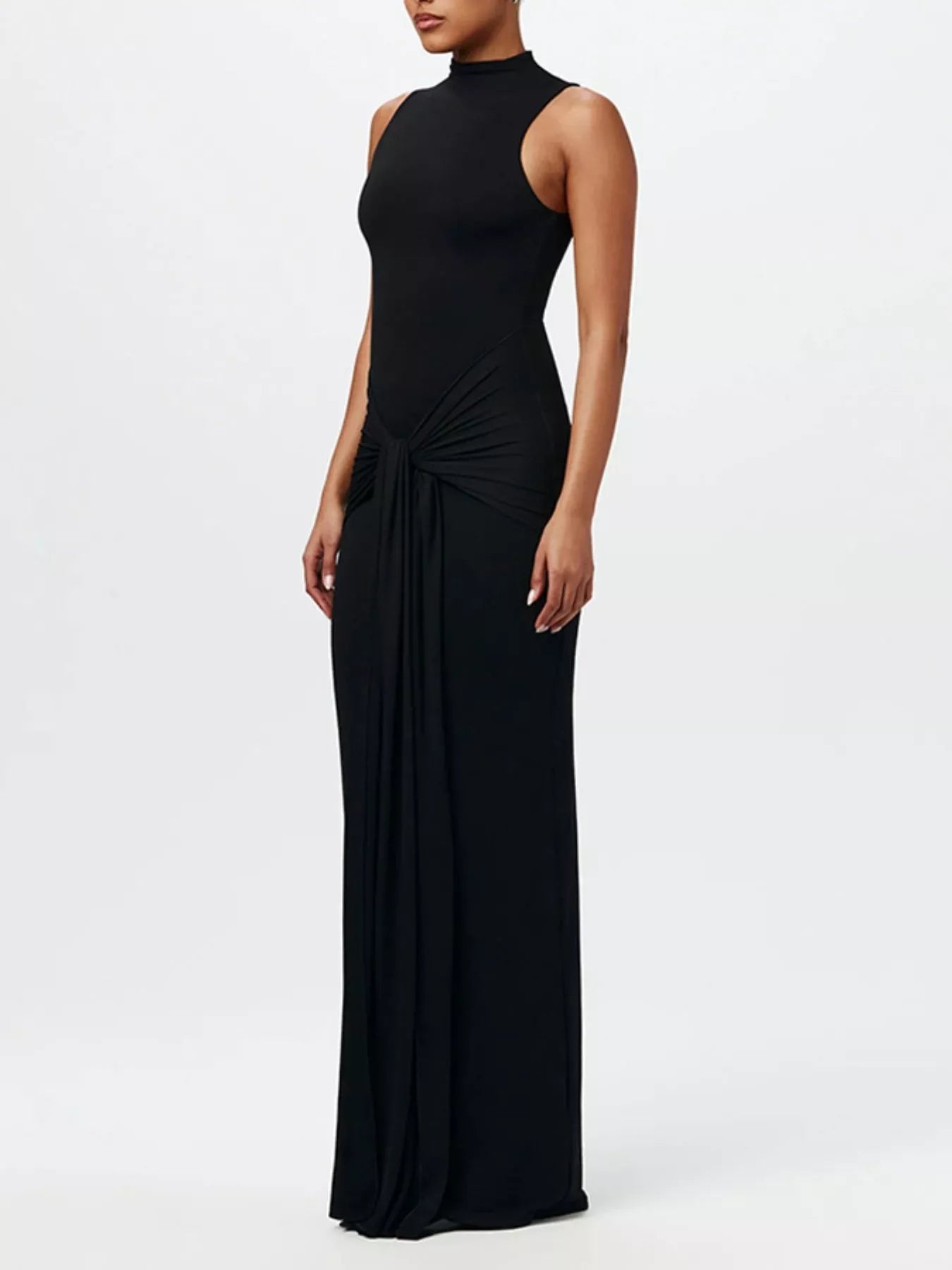 Sleeveless Mock Neck Knot Front Maxi Dress.