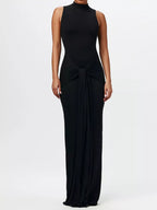 Sleeveless Mock Neck Knot Front Maxi Dress.