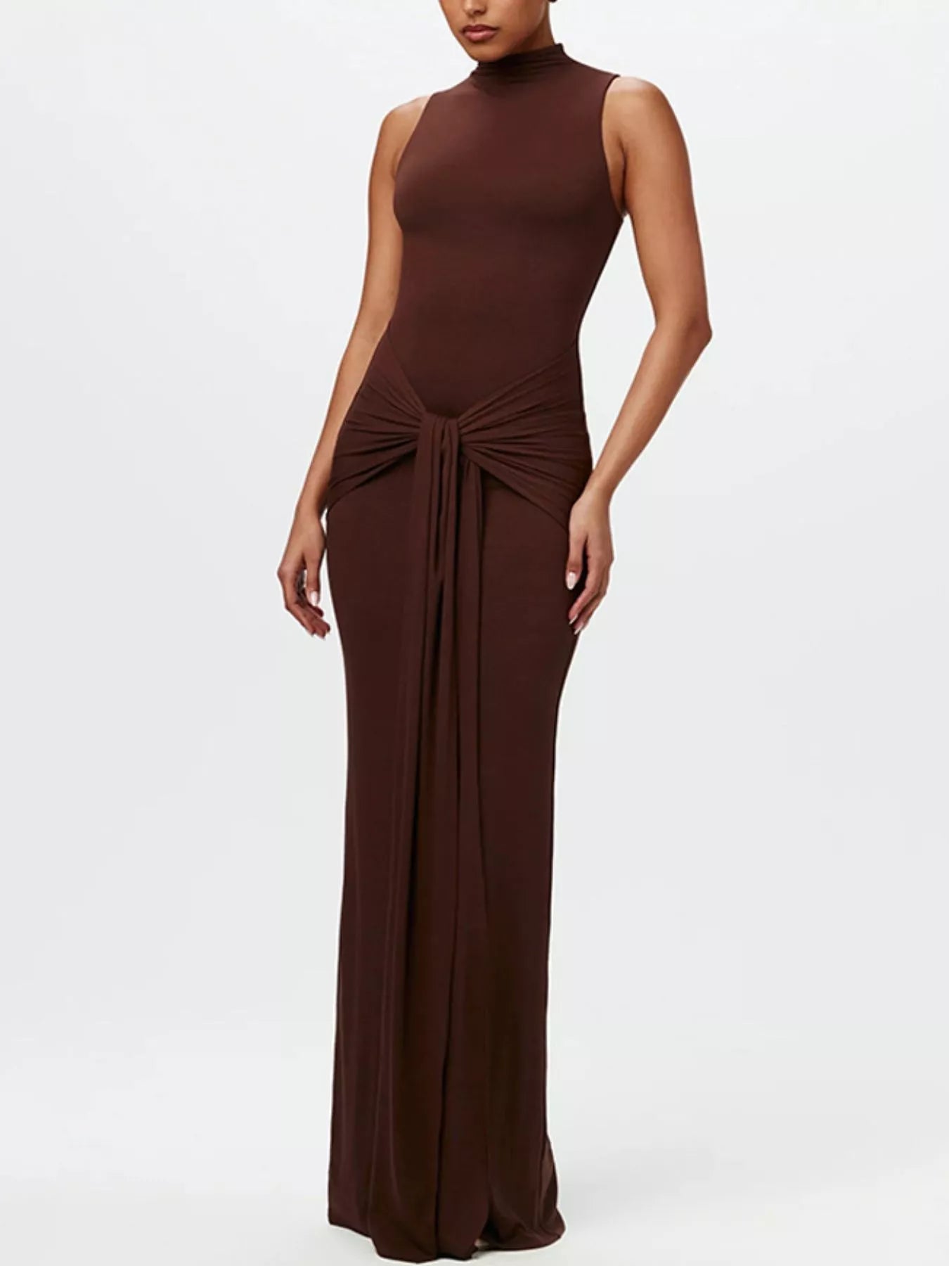 Sleeveless Mock Neck Knot Front Maxi Dress.