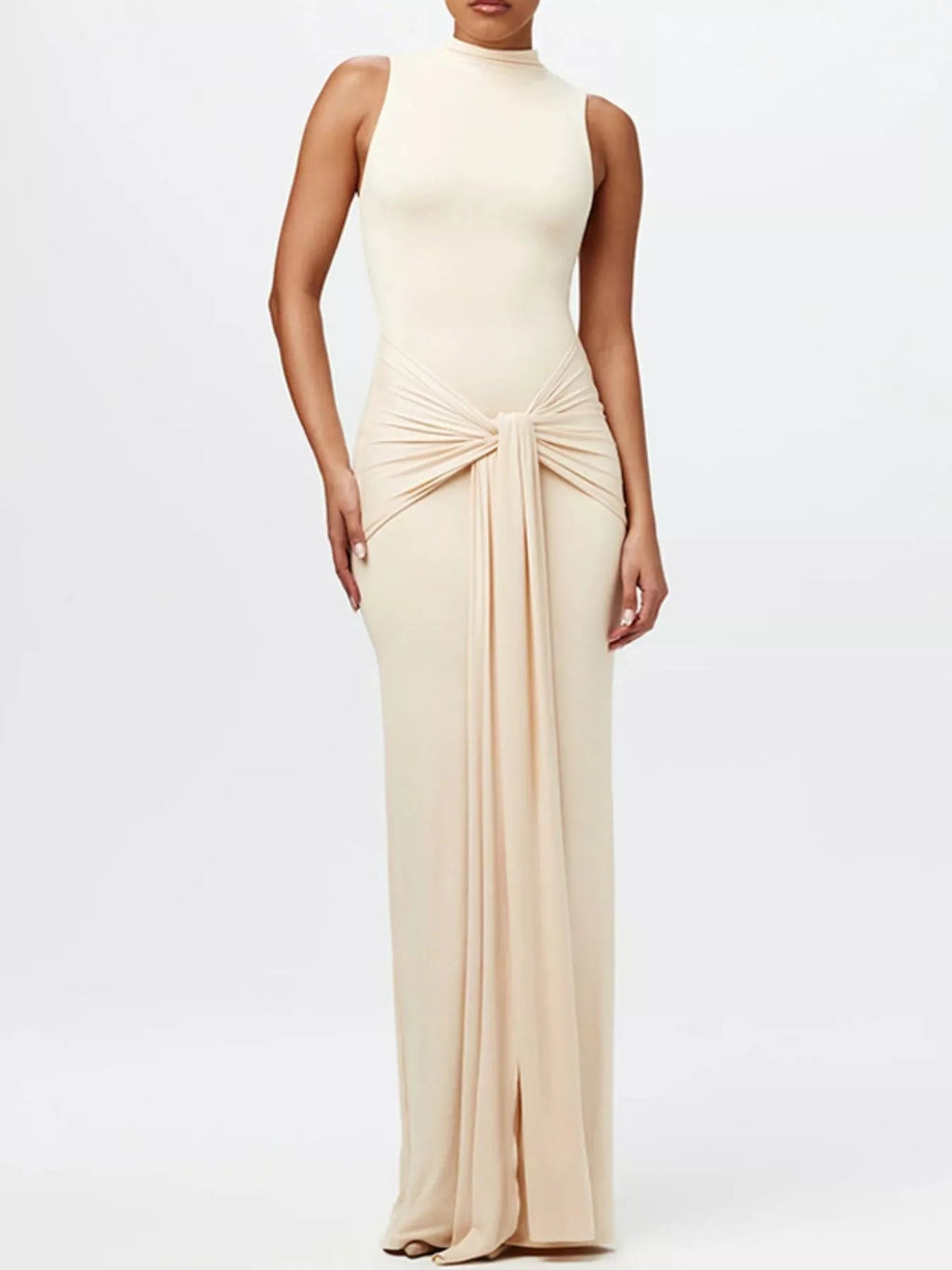 Sleeveless Mock Neck Knot Front Maxi Dress.