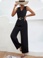 Sleeveless V-Neck Wide Leg Jumpsuit.