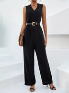 Sleeveless V-Neck Wide Leg Jumpsuit.