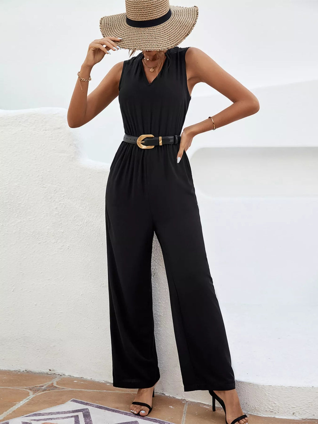 Sleeveless V-Neck Wide Leg Jumpsuit.