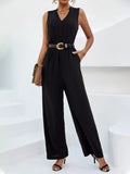 Sleeveless V-Neck Wide Leg Jumpsuit.