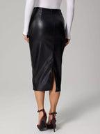 Stylish leather skirt for professional attire, crafted from premium leather to enhance formal wardrobe elegance.