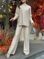 Slit Mock Neck Top and Pants Sweater Set.