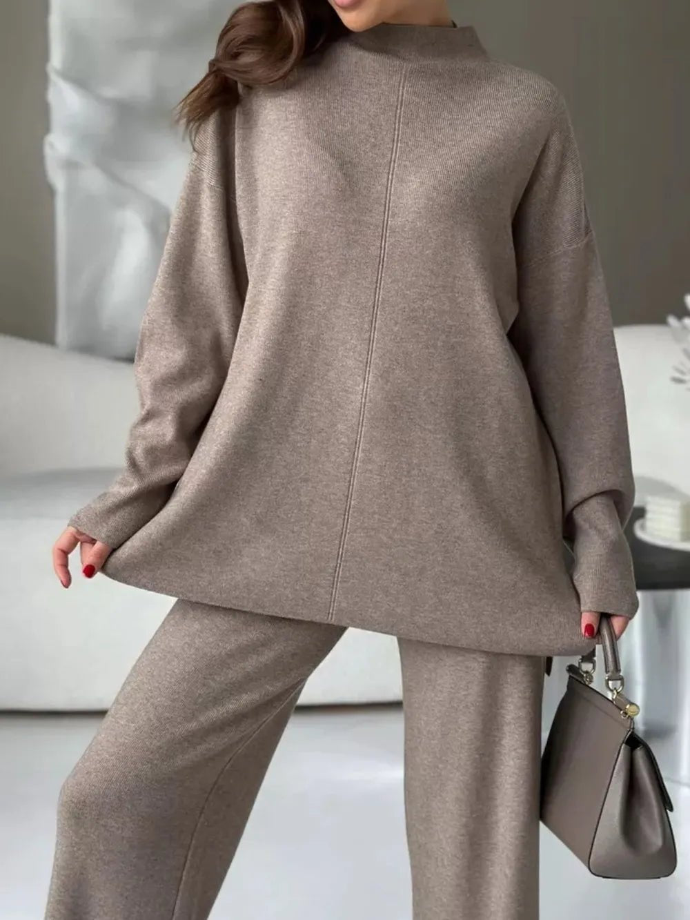 Slit Mock Neck Top and Pants Sweater Set.
