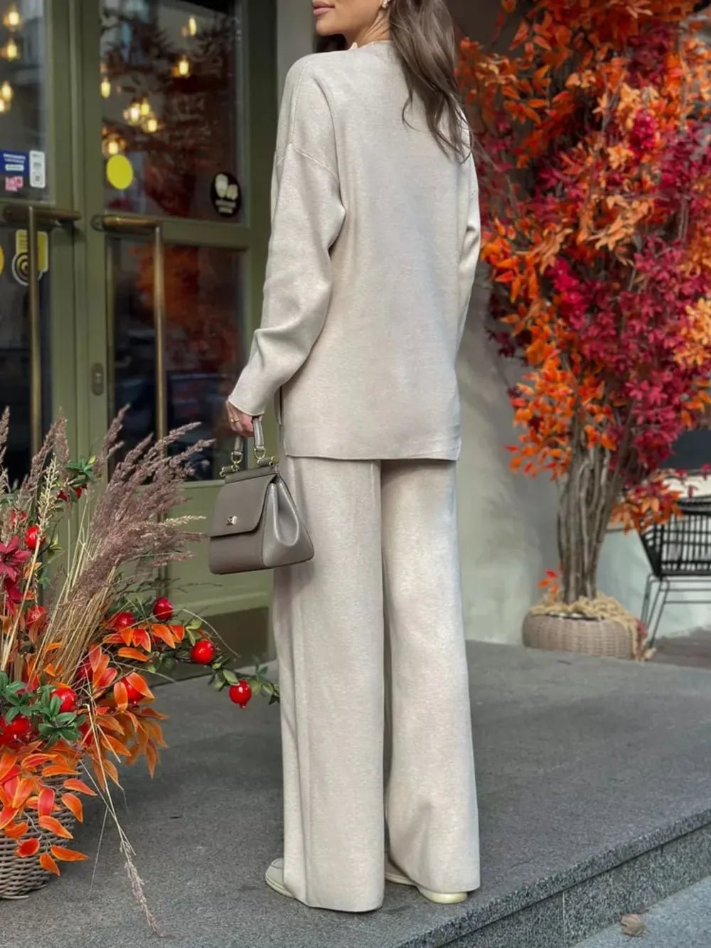 Slit Mock Neck Top and Pants Sweater Set.