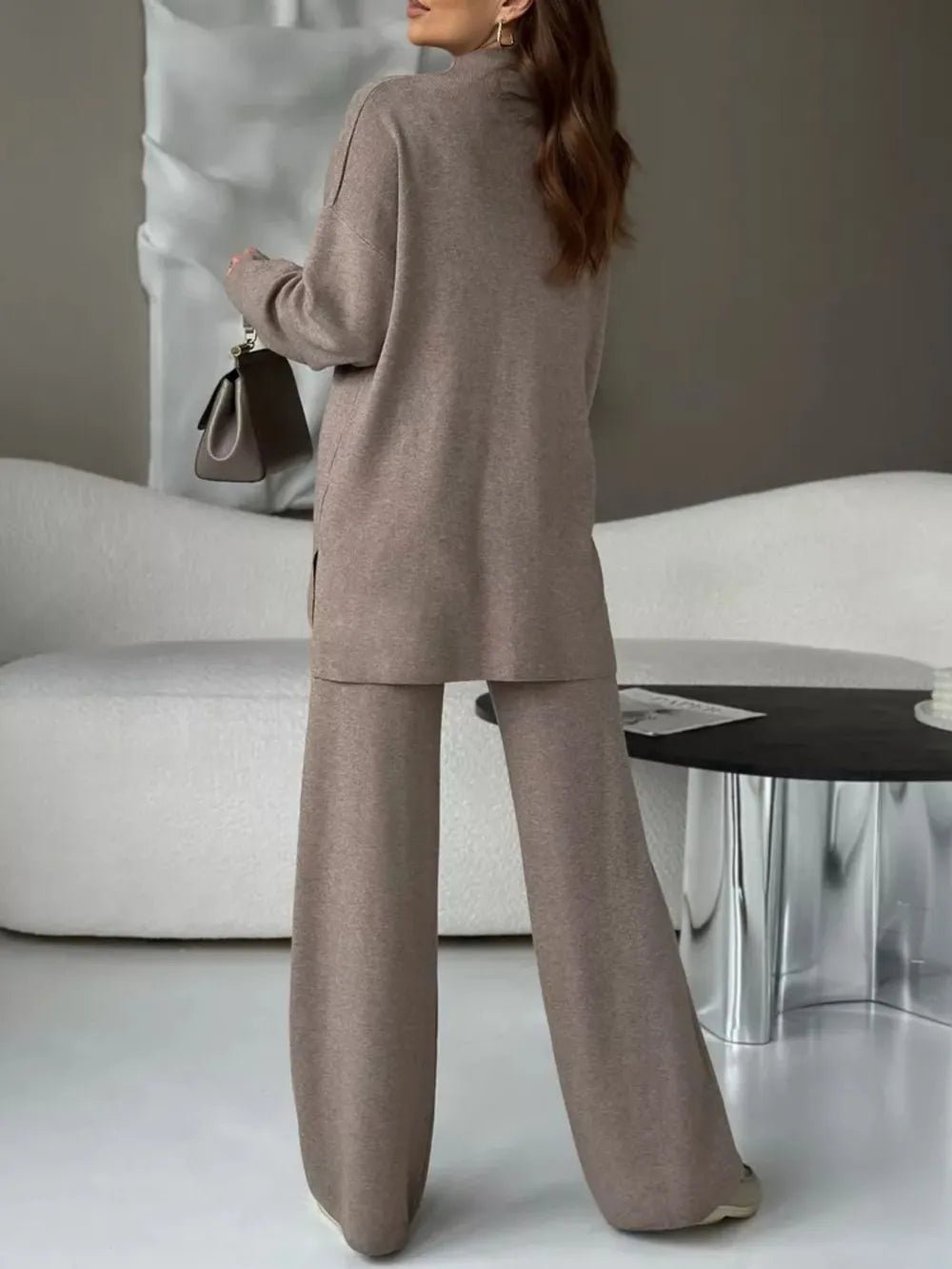 Slit Mock Neck Top and Pants Sweater Set.