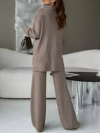 Slit Mock Neck Top and Pants Sweater Set.