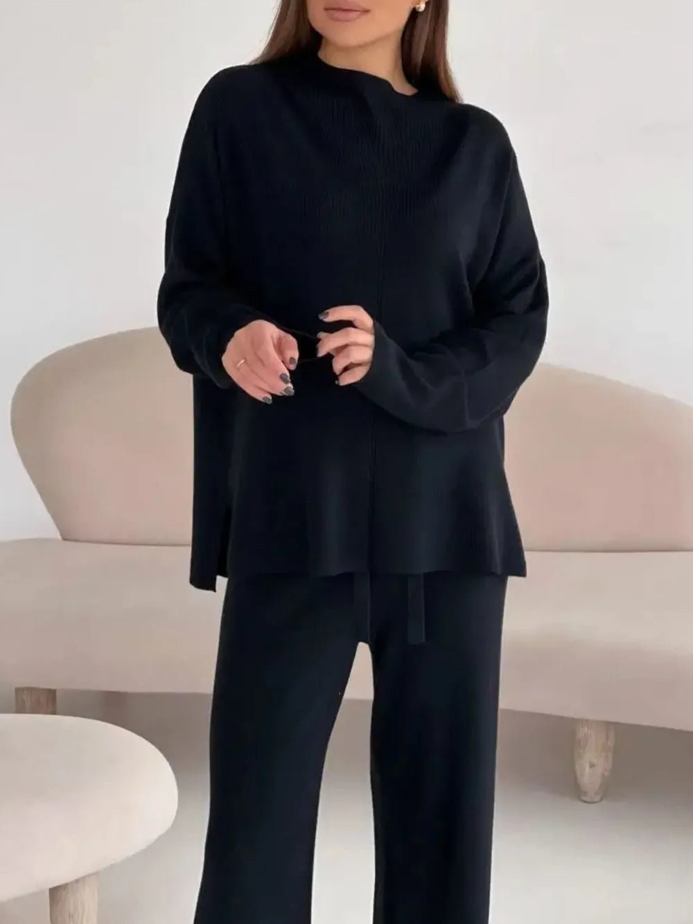 Slit Mock Neck Top and Pants Sweater Set.