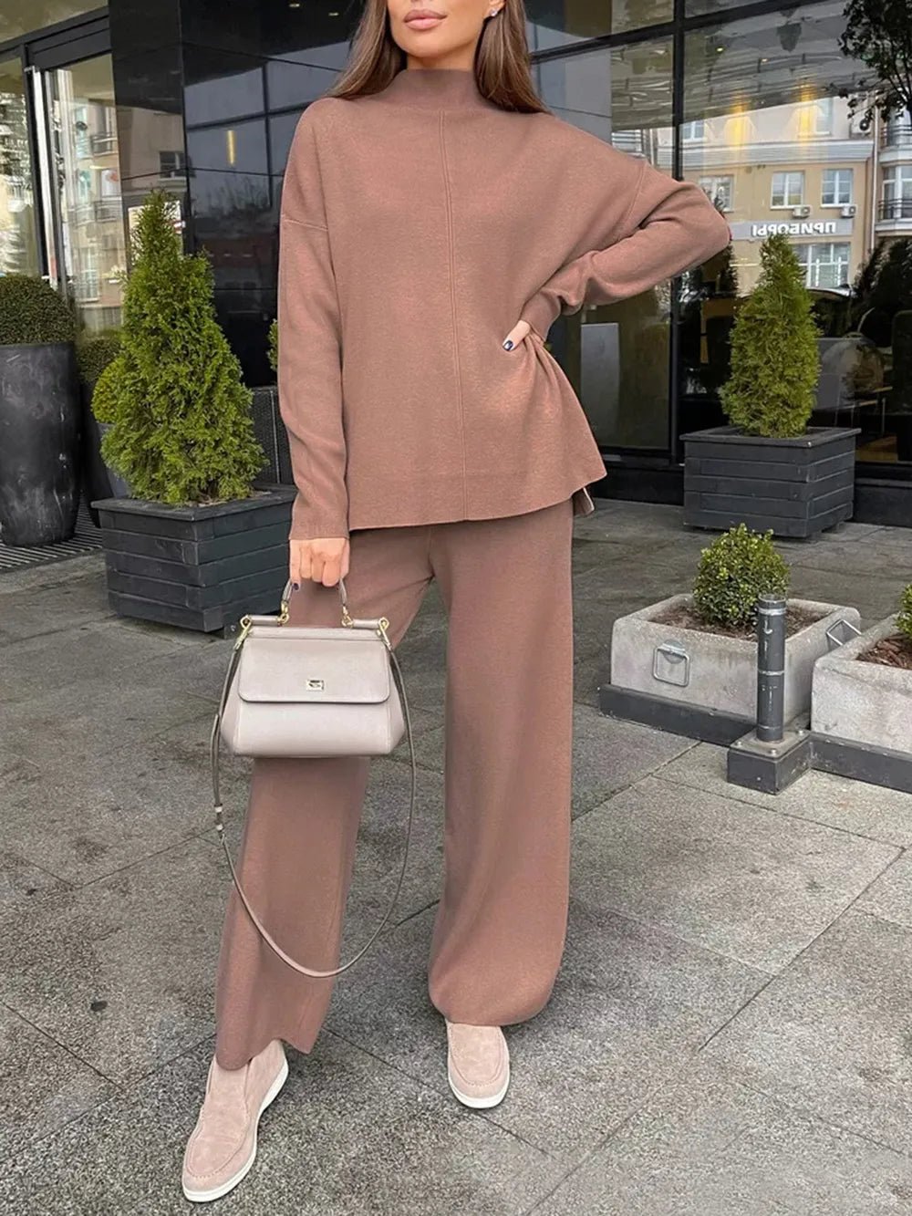 Slit Mock Neck Top and Pants Sweater Set.