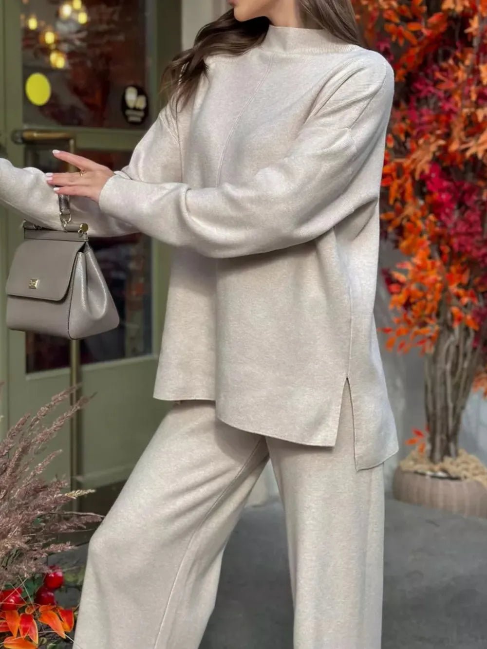 Slit Mock Neck Top and Pants Sweater Set.