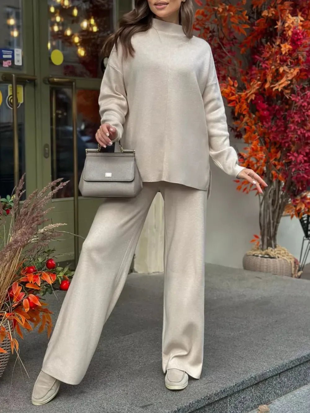 Slit Mock Neck Top and Pants Sweater Set.