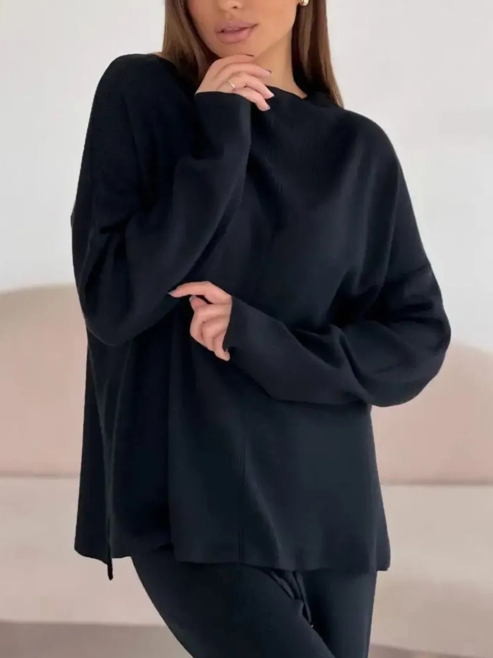 Slit Mock Neck Top and Pants Sweater Set.