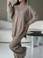 Slit Mock Neck Top and Pants Sweater Set.