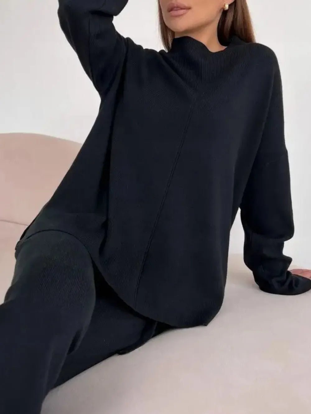 Slit Mock Neck Top and Pants Sweater Set.