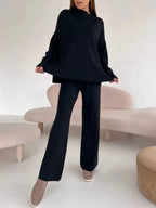 Slit Mock Neck Top and Pants Sweater Set.