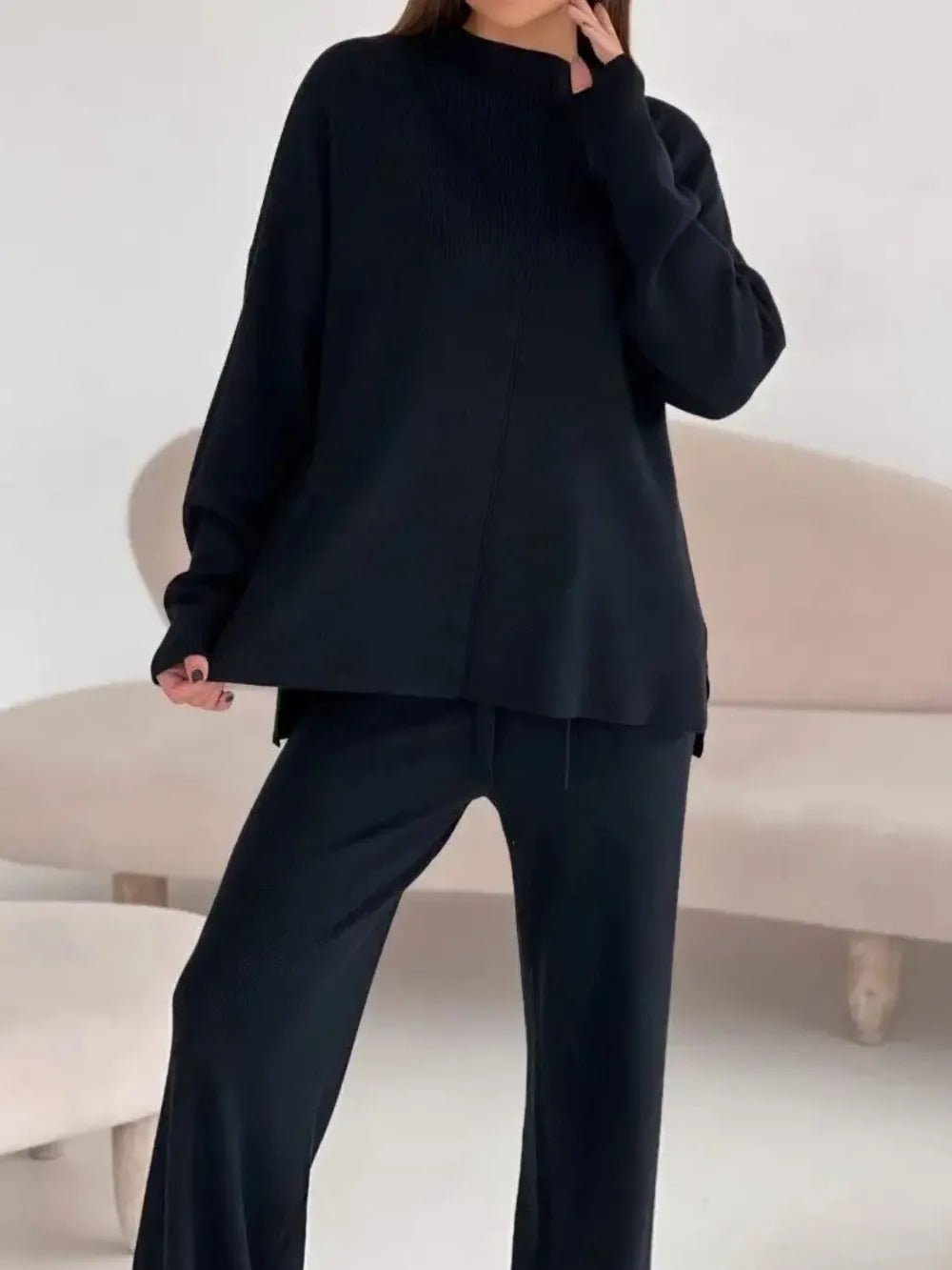 Slit Mock Neck Top and Pants Sweater Set.