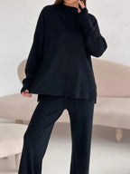 Slit Mock Neck Top and Pants Sweater Set.