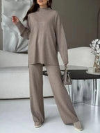 Slit Mock Neck Top and Pants Sweater Set.