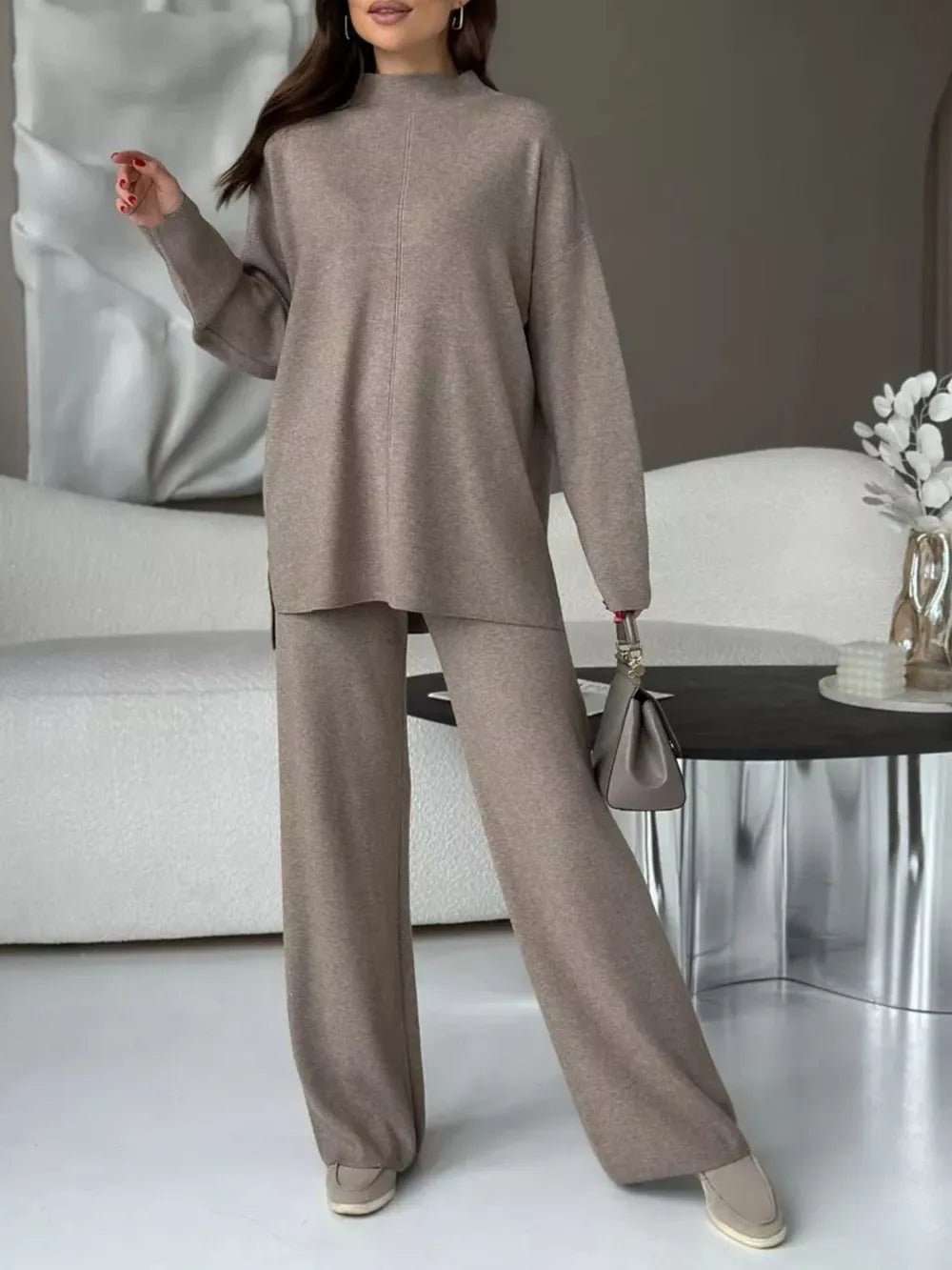 Slit Mock Neck Top and Pants Sweater Set.