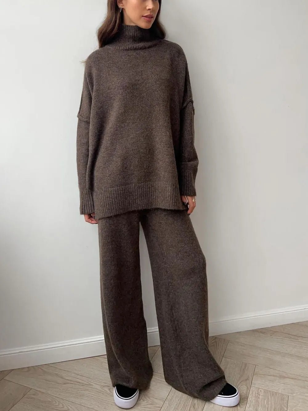 Slit Turtleneck Long Sleeve Top and Pants Sweater Set.