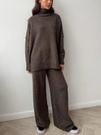 Slit Turtleneck Long Sleeve Top and Pants Sweater Set.