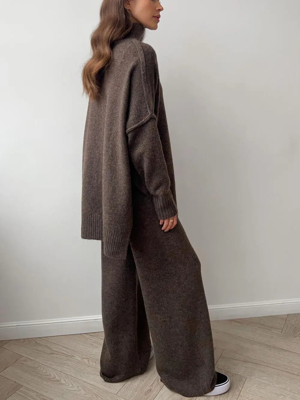 Slit Turtleneck Long Sleeve Top and Pants Sweater Set.