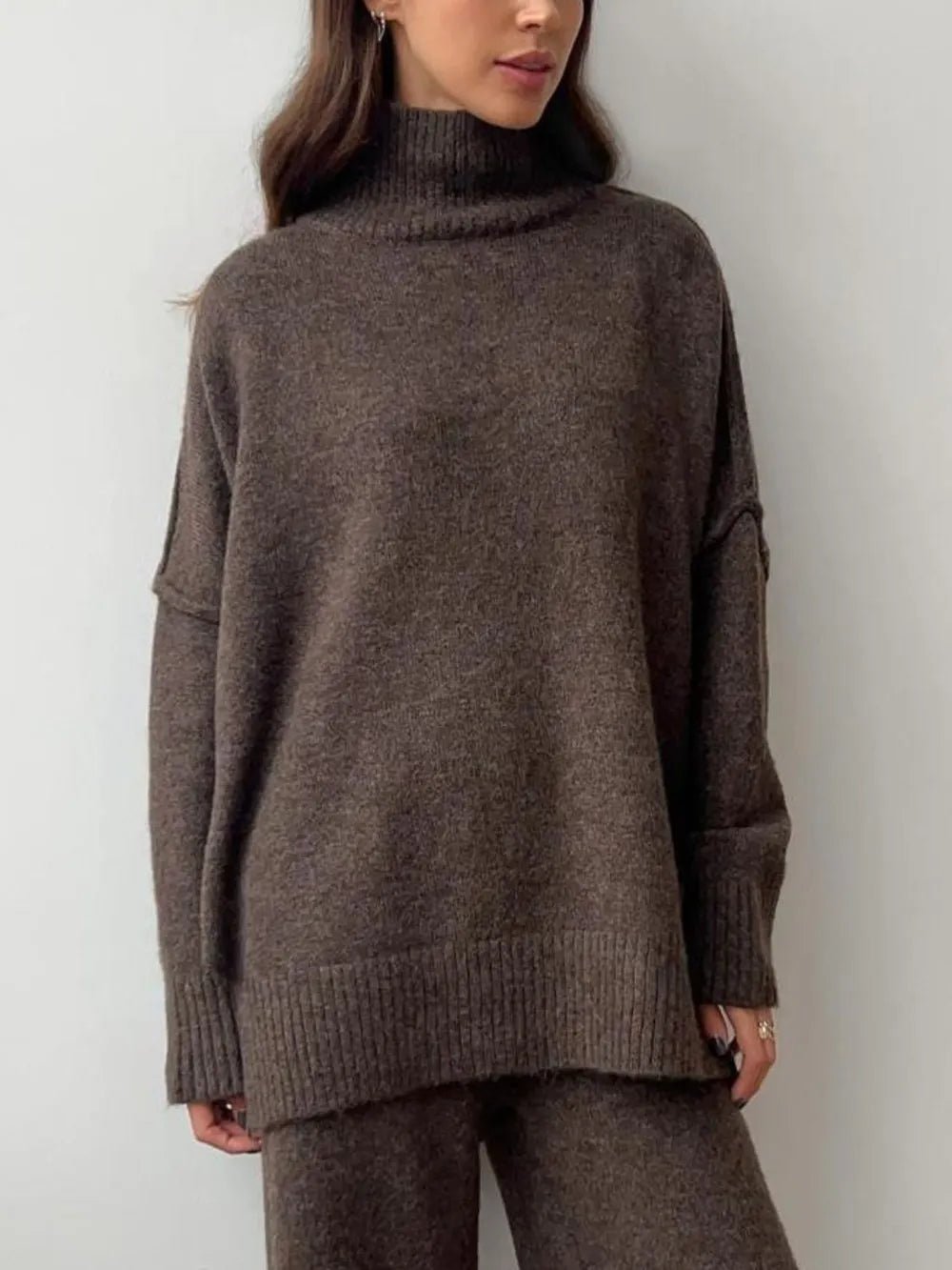 Slit Turtleneck Long Sleeve Top and Pants Sweater Set.