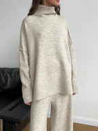 Slit Turtleneck Long Sleeve Top and Pants Sweater Set.