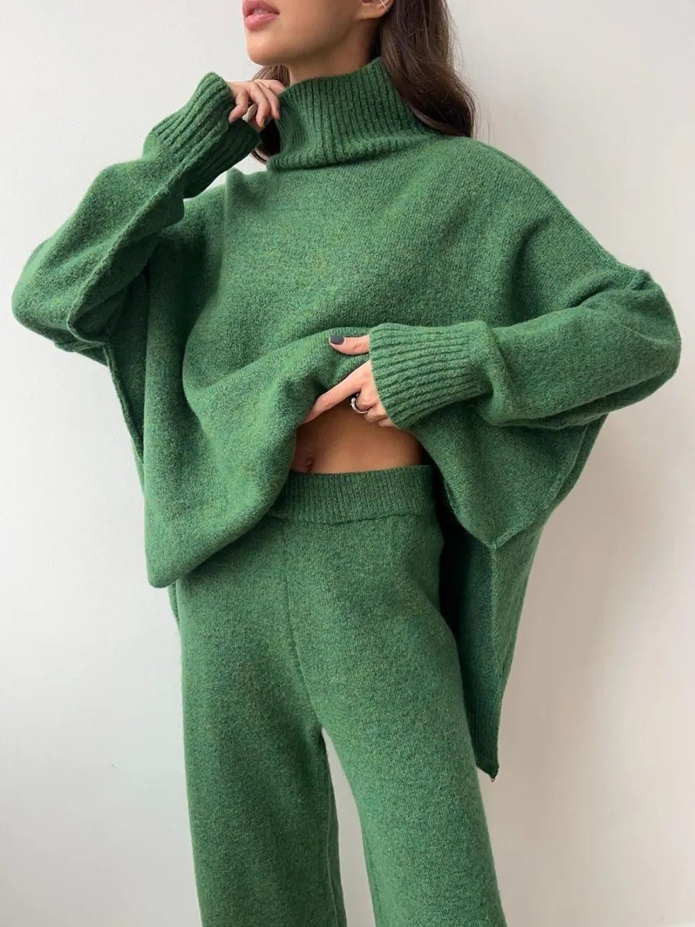 Slit Turtleneck Long Sleeve Top and Pants Sweater Set.