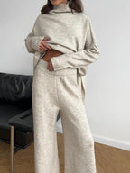 Slit Turtleneck Long Sleeve Top and Pants Sweater Set.