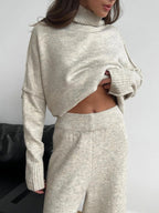 Slit Turtleneck Long Sleeve Top and Pants Sweater Set.