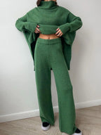 Slit Turtleneck Long Sleeve Top and Pants Sweater Set.