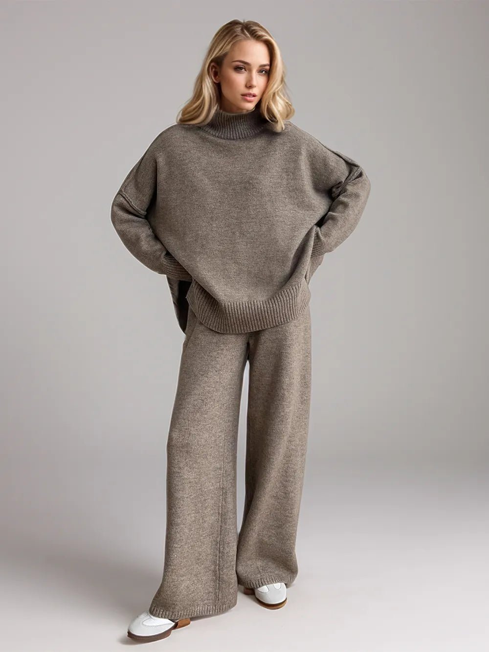 Slit Turtleneck Long Sleeve Top and Pants Sweater Set.