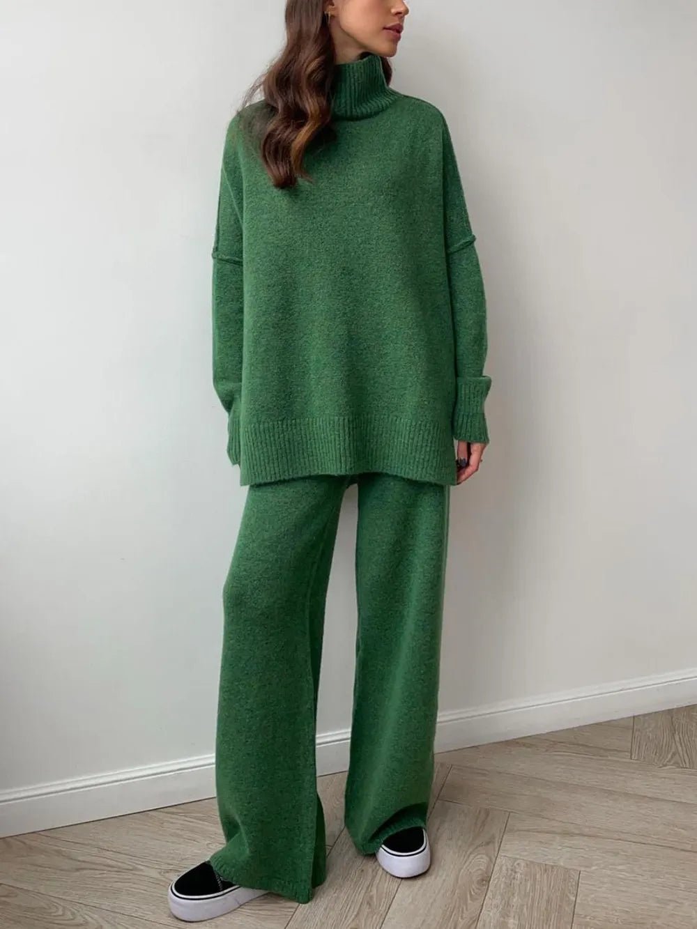 Slit Turtleneck Long Sleeve Top and Pants Sweater Set.
