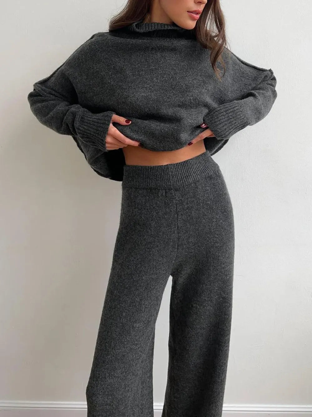Slit Turtleneck Long Sleeve Top and Pants Sweater Set.