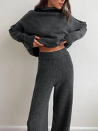 Slit Turtleneck Long Sleeve Top and Pants Sweater Set.