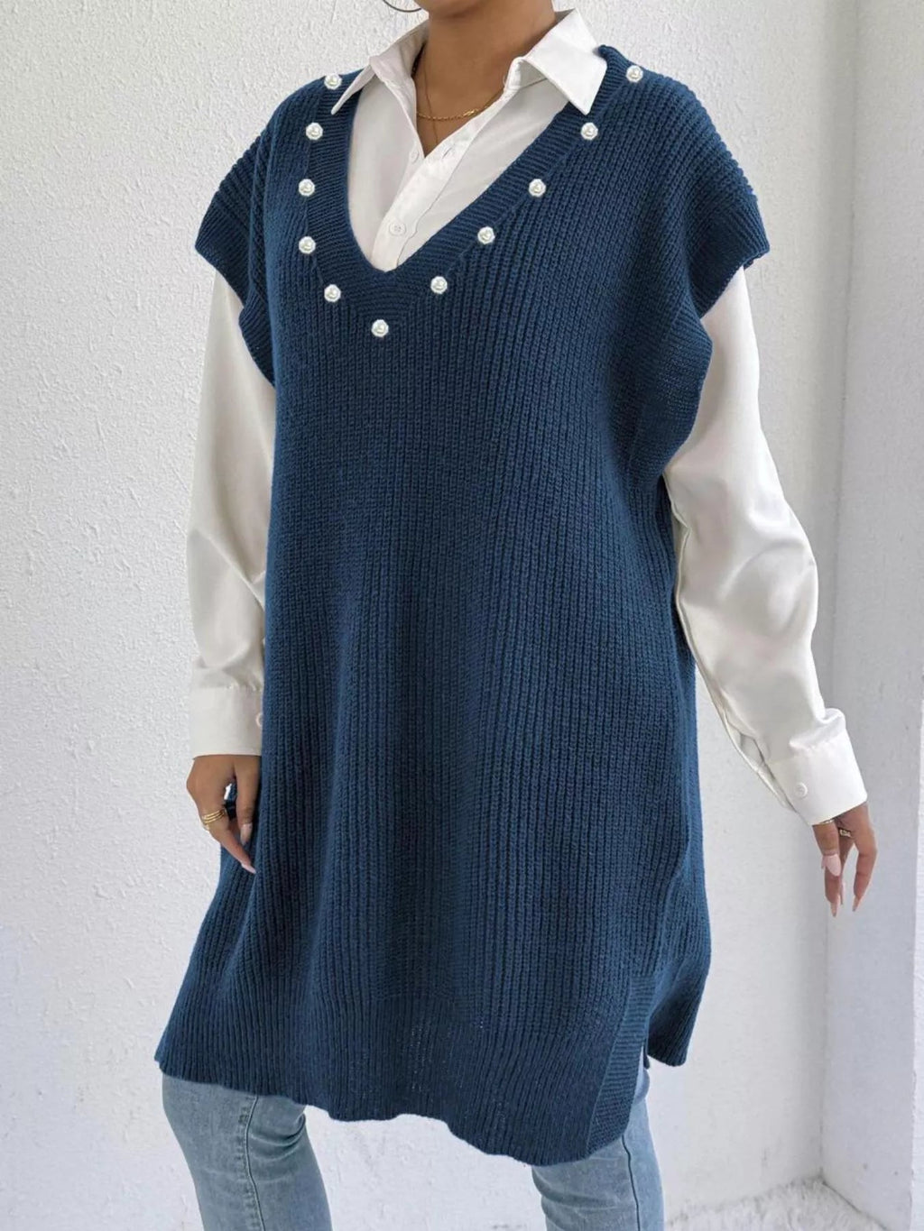 Slit V-Neck Sweater Dress.